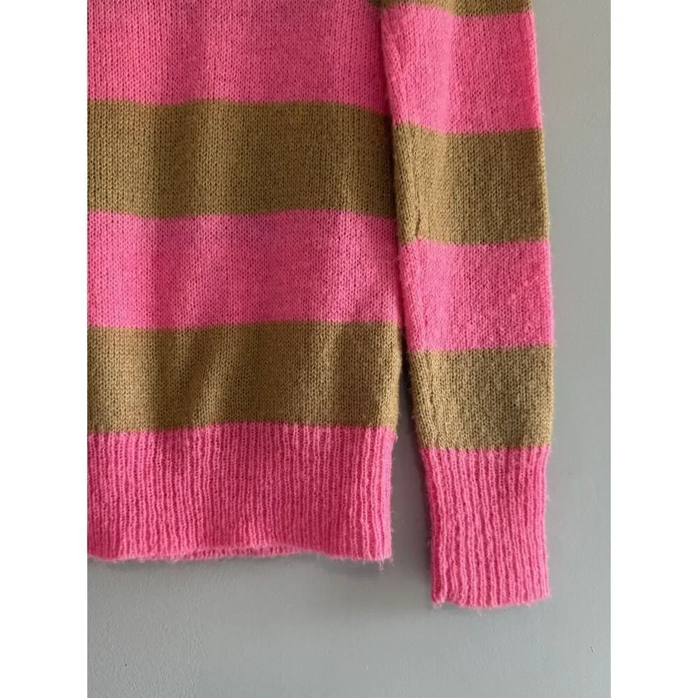 J Crew Y2K Sweater V Neck Mohair Wool Blend Pink Stripe Button Preppy Academia S